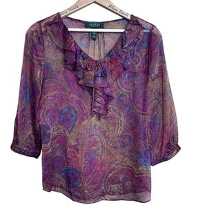 Lauren Ralph Lauren P/L Sheer Ruffle 3/4 Sleeve Purple Paisley Blouse